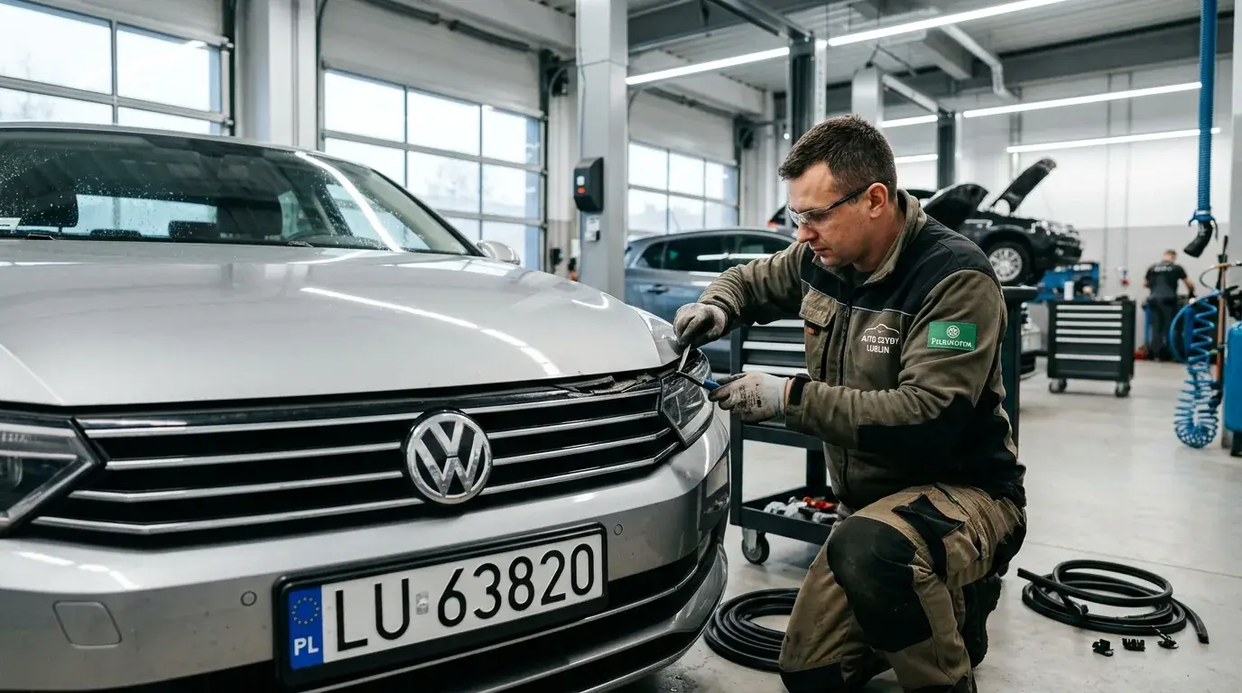 Mechanicy sprawdzający szybę w warsztacie Lublin